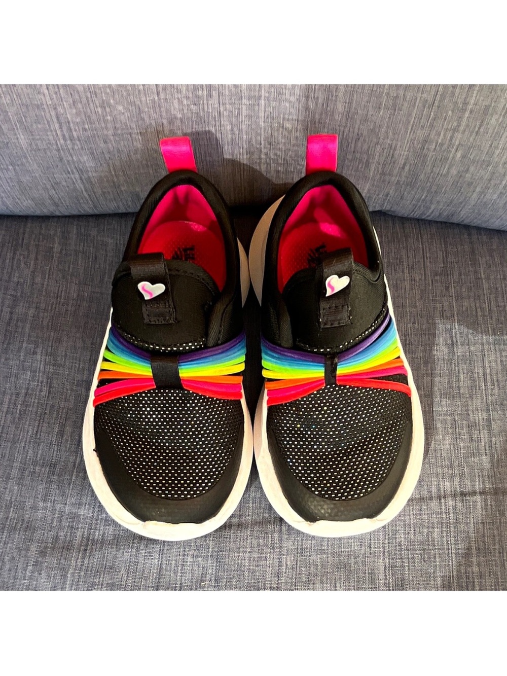 Skechers Kids Black Sneakers with Rainbow Elastic Bands and Pink Accents